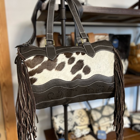 Unique New Western Genuine Embossed Leather Cowhide Fringe Tassel Bag Crossbody - Picture 12 of 12